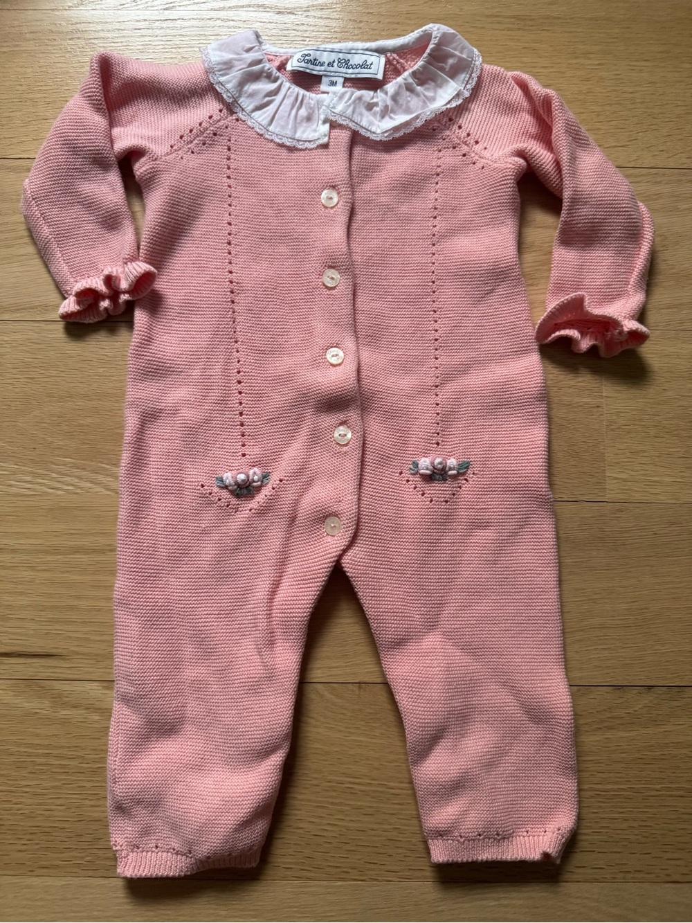 Tartine et Chocolat Pink Knit Baby One-Piece with Peter Pan Collar